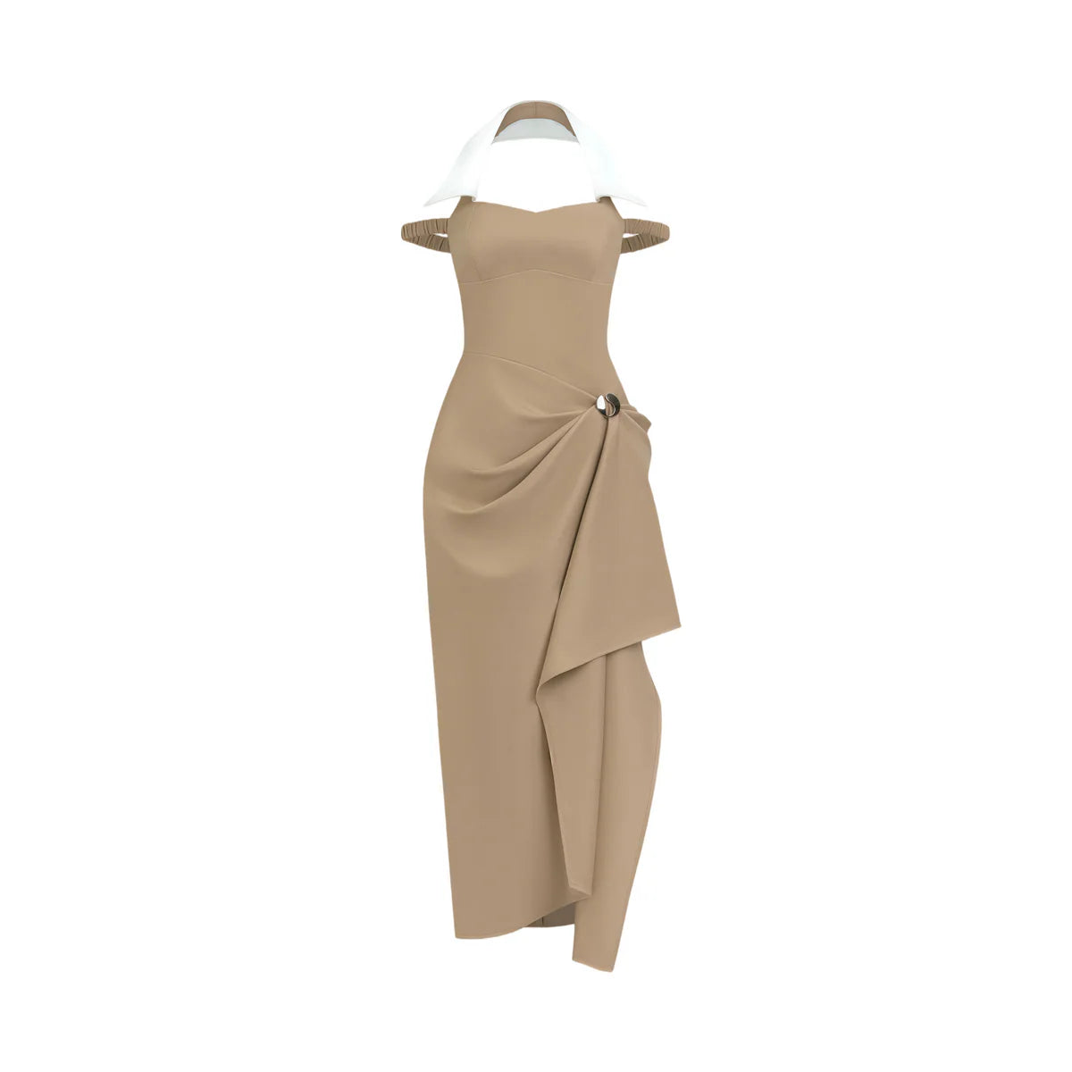 Khaki Halterneck Asymmetrical Gathered Midi Dress