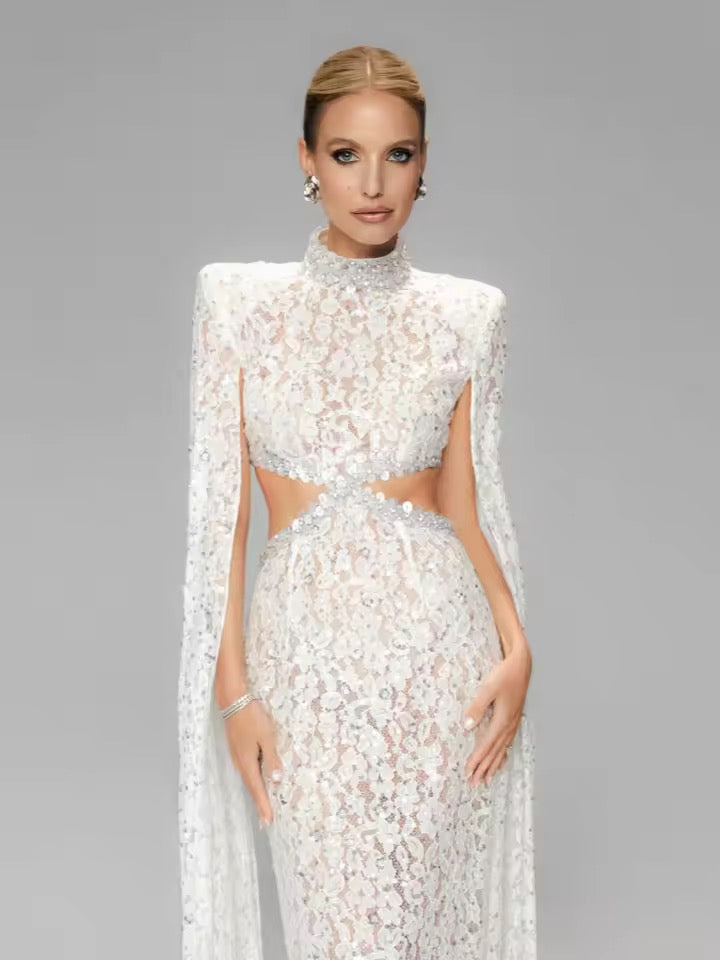 High Neck Sequins Flower Beaded Lace Long Dress