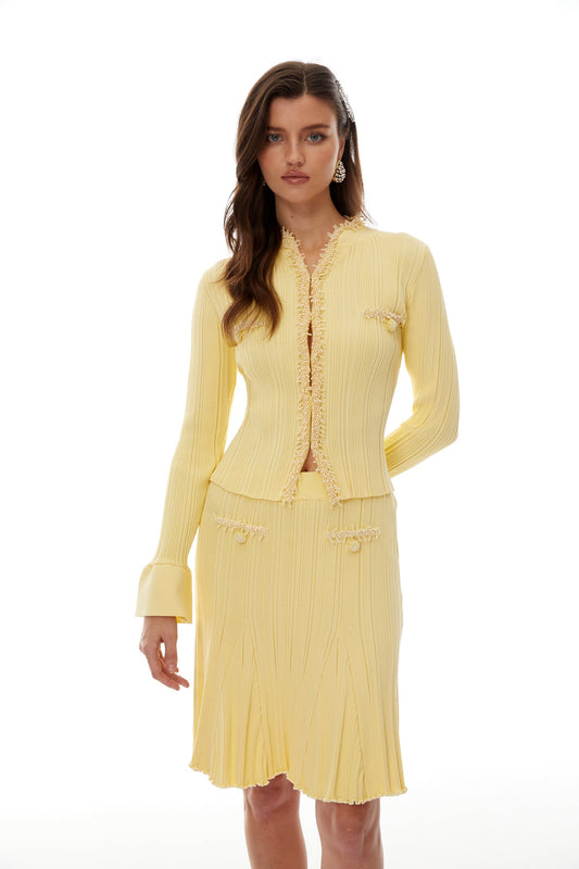 Yellow Beaded Knit Blouse & Skirt Set