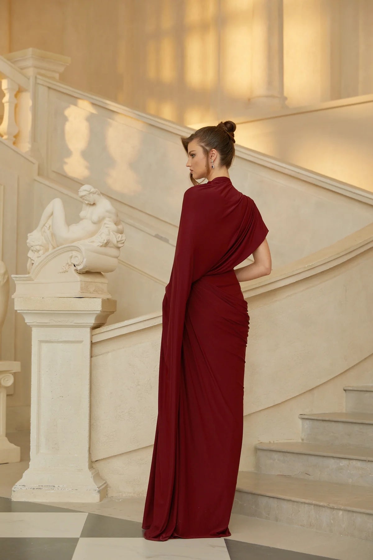 Red Asymmetrical Draped Cape & Dress Matching Set