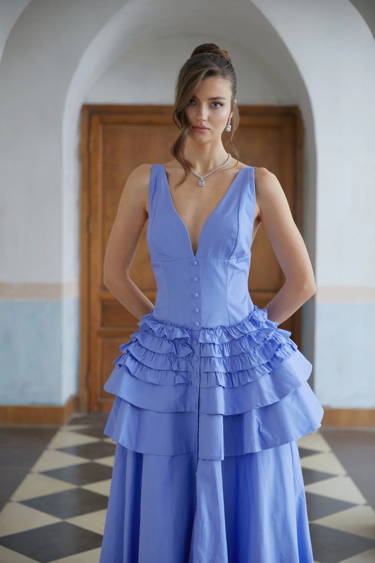 Blue Ruffled Tiered Midi Dress