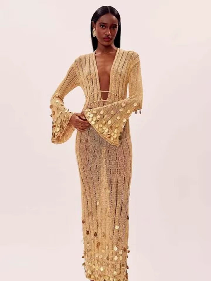 Sequin Elegant Solid Knitted Maxi Dress