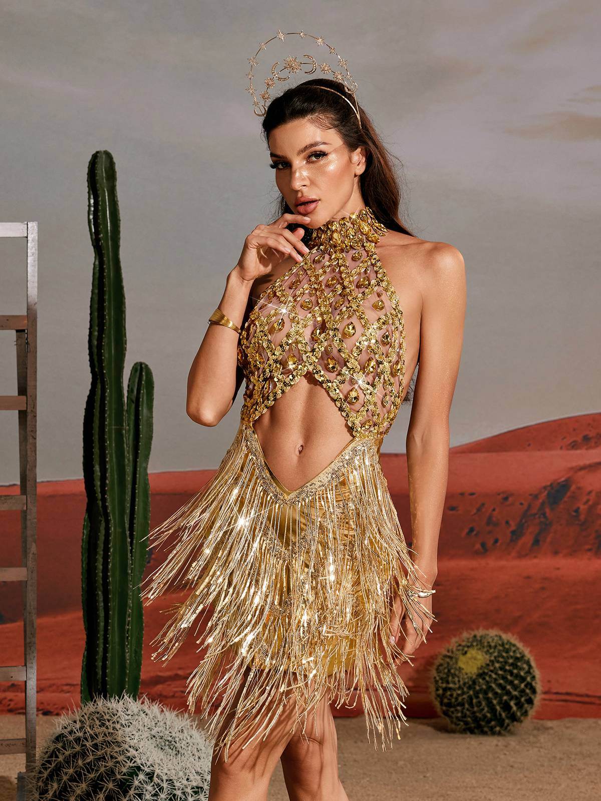 Sequin Fringe Metallic Dress In Gold - REBECATHELABEL