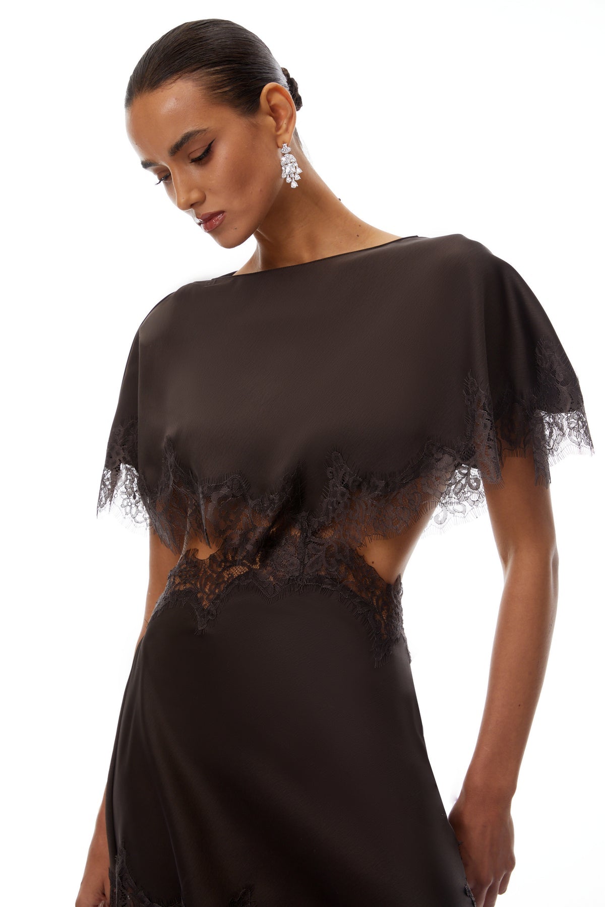 Brown Lace Trim Dress