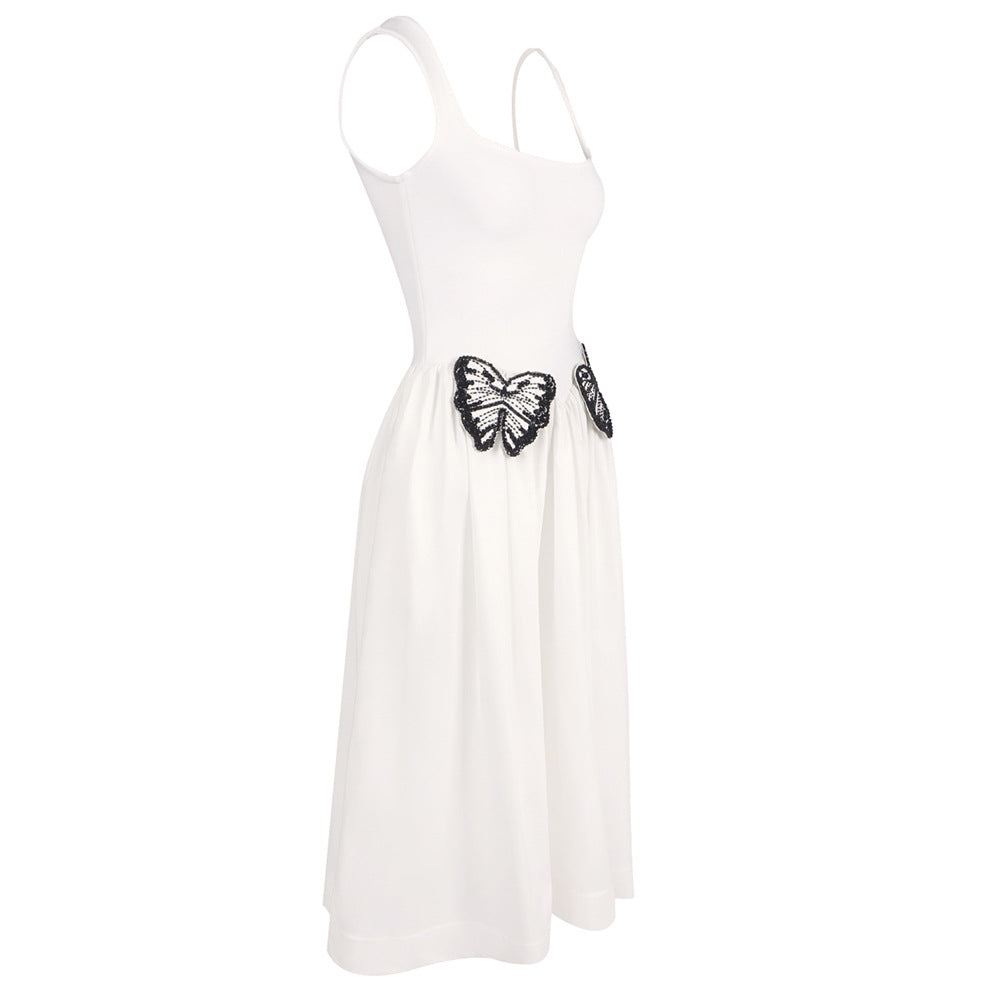 White Midi Dress With Butterfly - Embellished Square Collar Backless dress