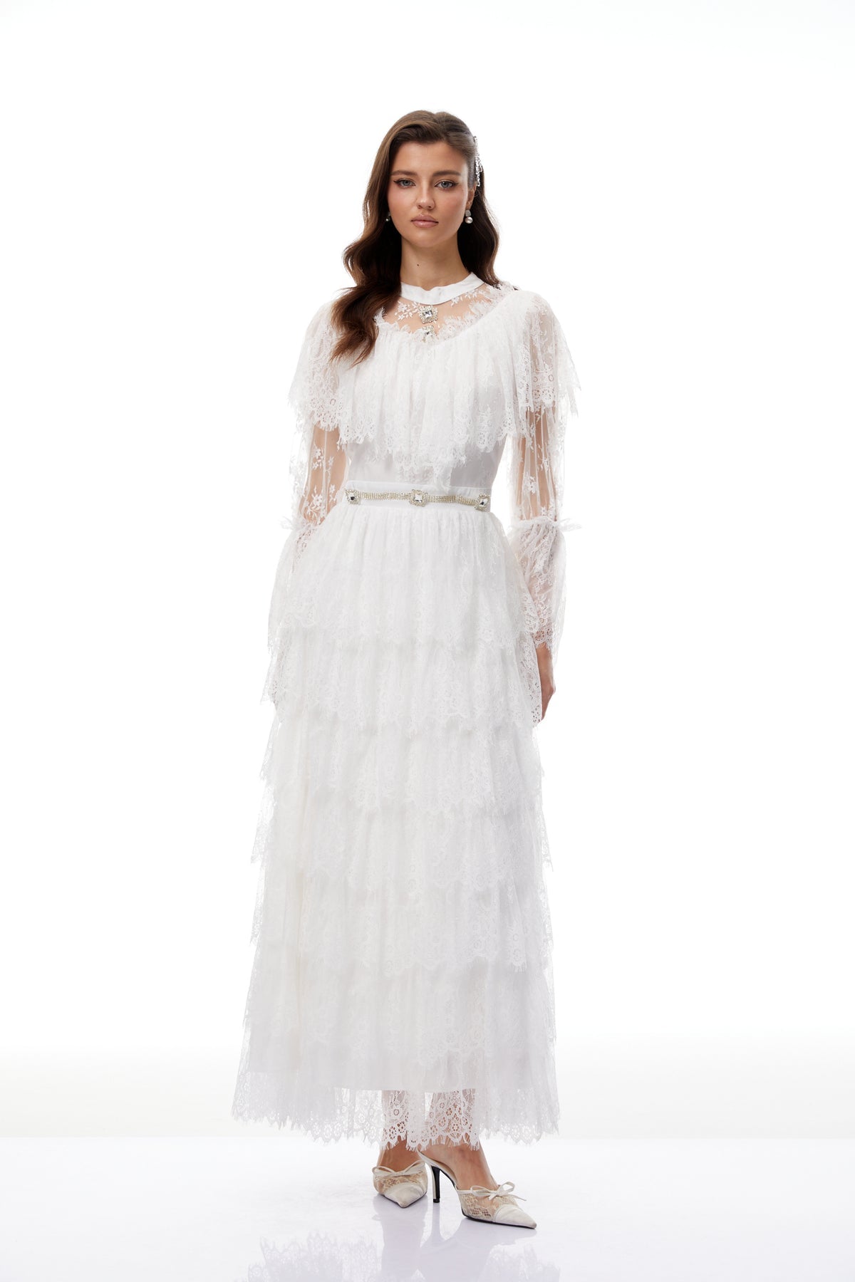 White Floral Lace Tiered Maxi Dress