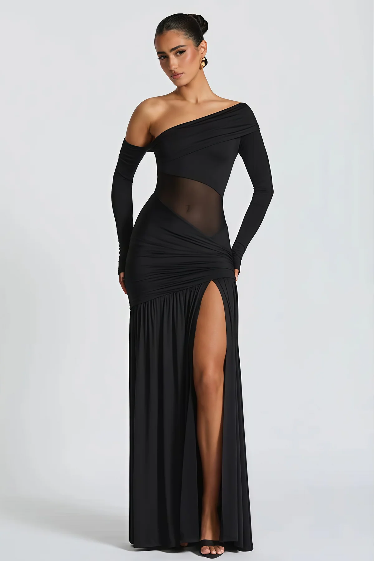 Black One Shoulder Gathered Maxi Dress