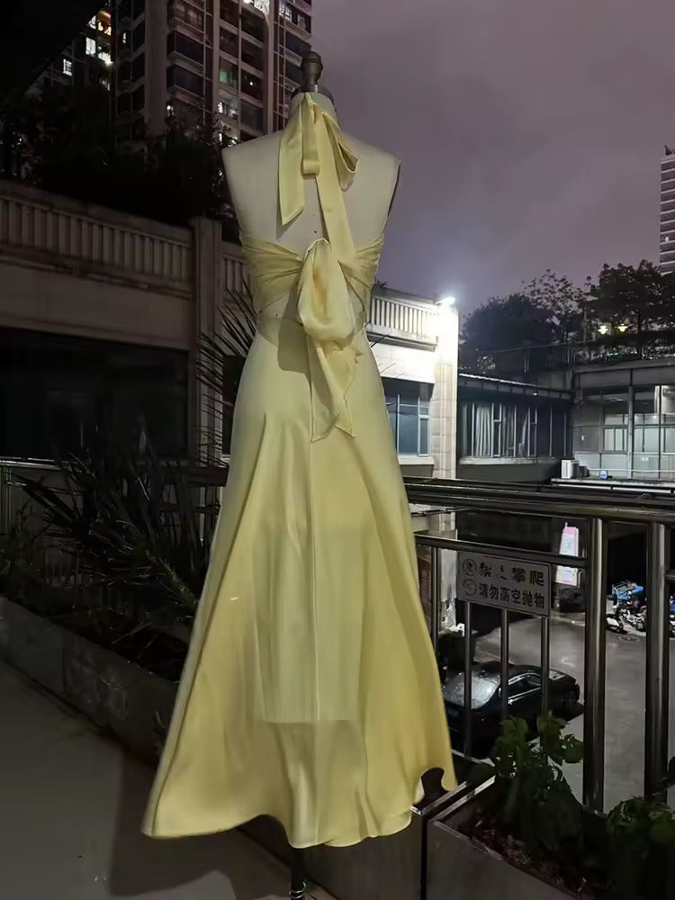 Yellow Sleeveless Halter Neck Backless Slim Long Dress