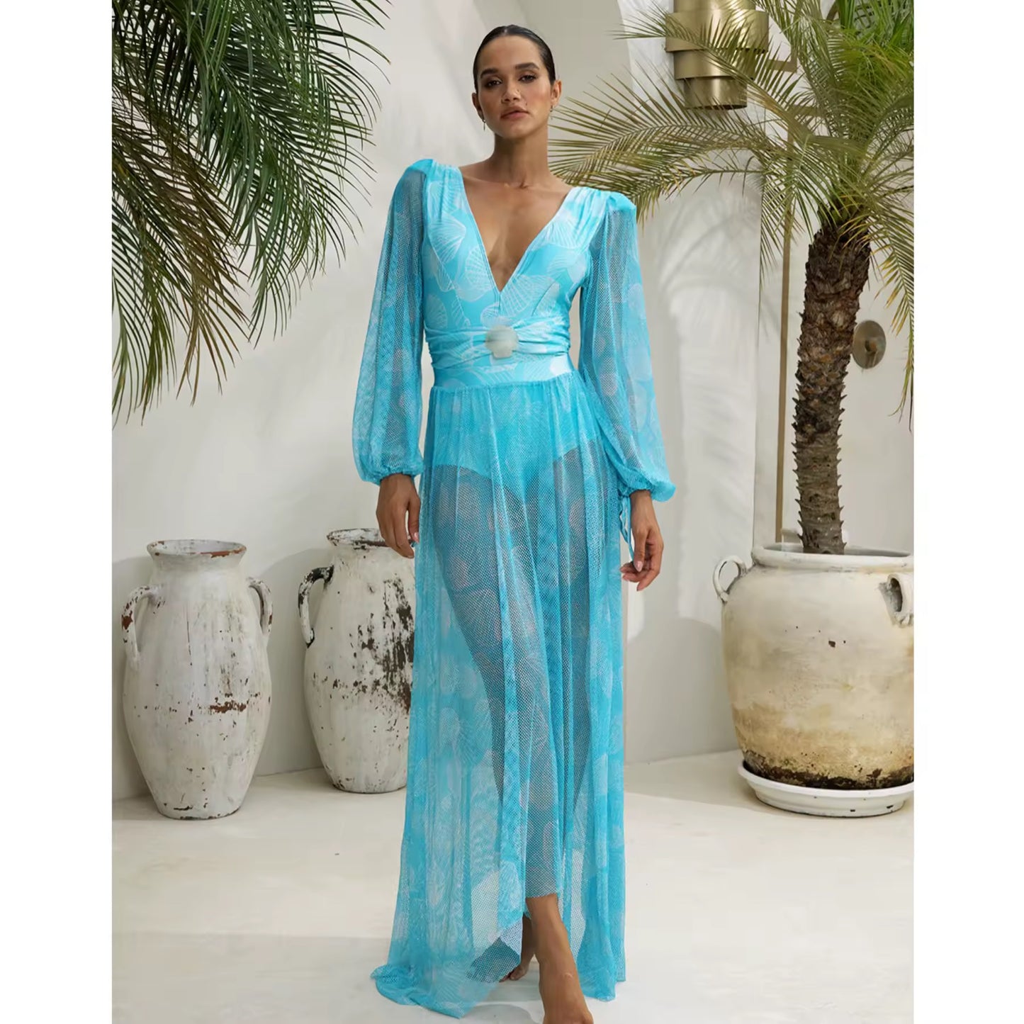 V Neck Shell Print Decor Long Sleeve One Piece Swimsuit and Skirt