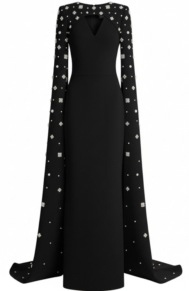 Crystal Cape Sleeve Maxi Dress Black