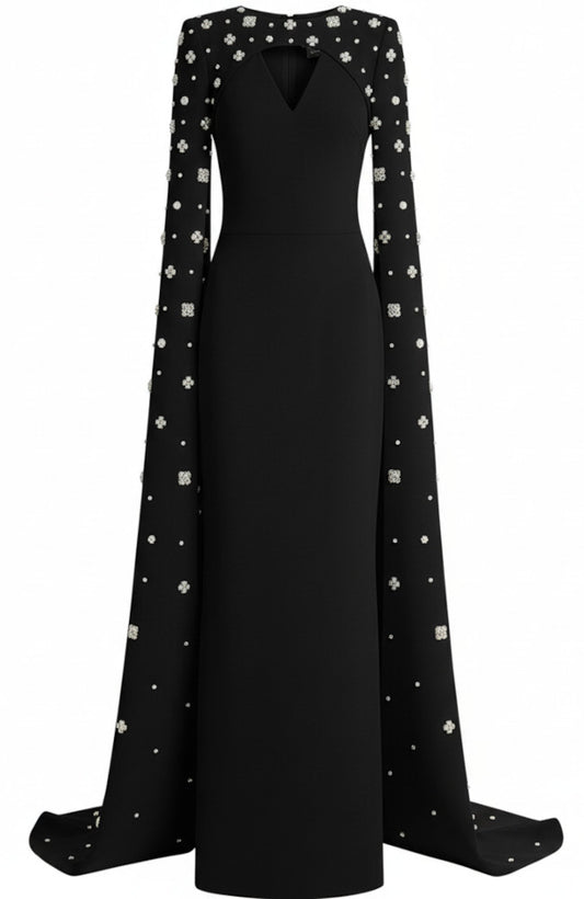 Crystal Cape Sleeve Maxi Dress Black