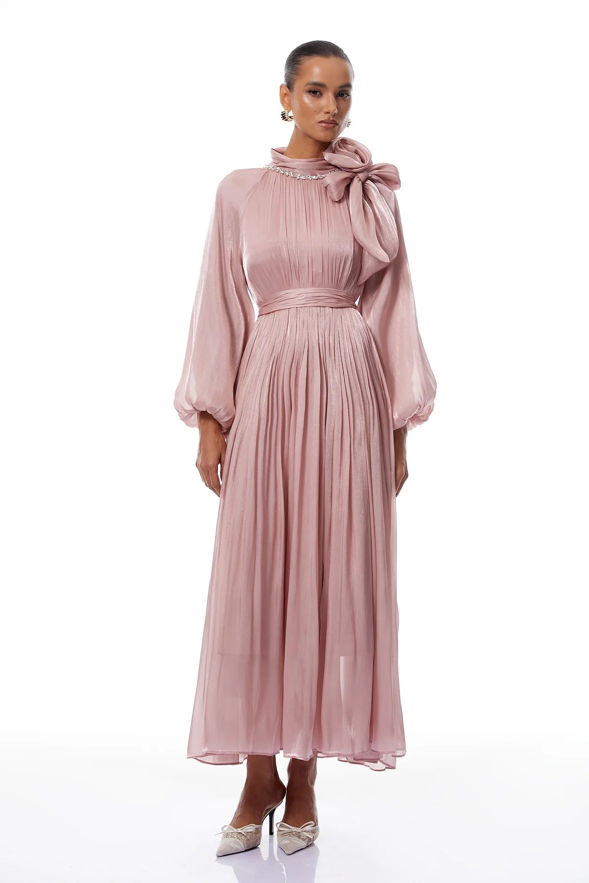 Pink Floral Pleated Glossy Maxi Dress