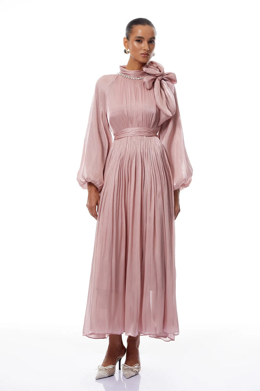 Pink Floral Pleated Glossy Maxi Dress