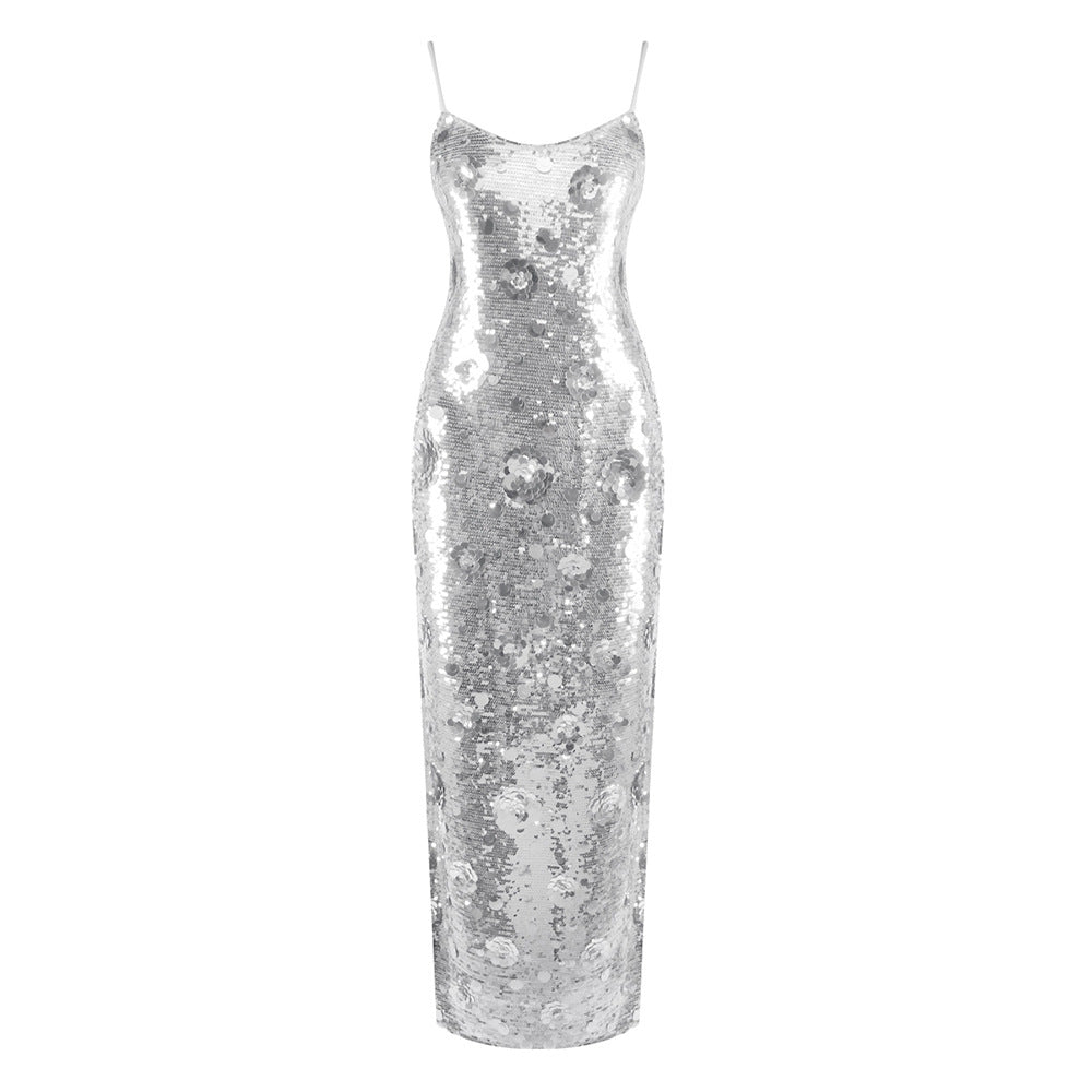 Silver Sequin Spaghetti Straps Evening Long Dress