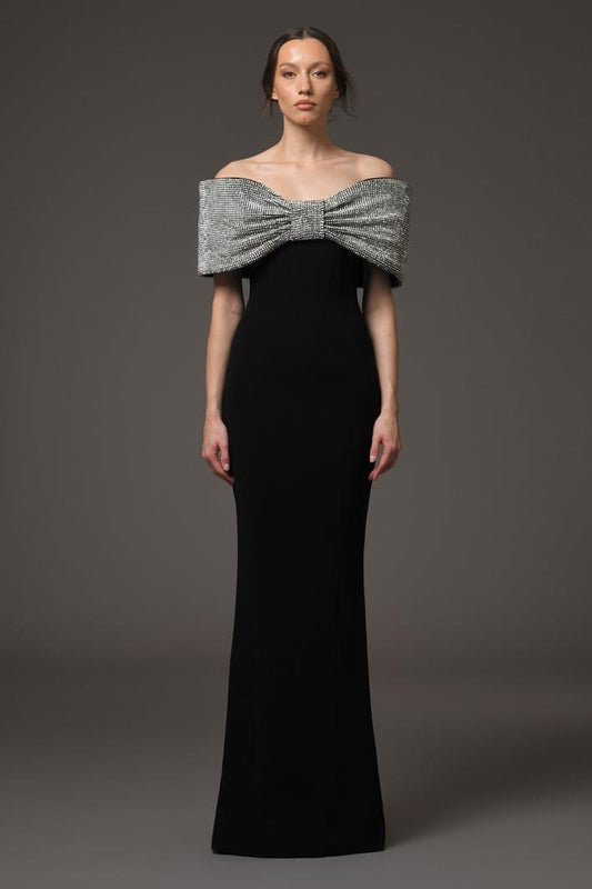 Rhinestone Bow Off Shoulder Maxi Dress