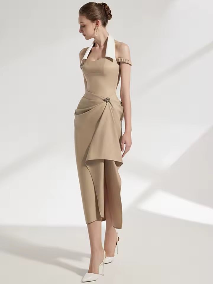 Halter Lapel Contrast Color Irregular Pleated dress
