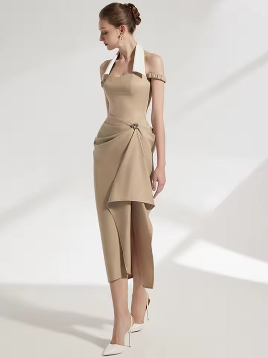 Halter Lapel Contrast Color Irregular Pleated dress