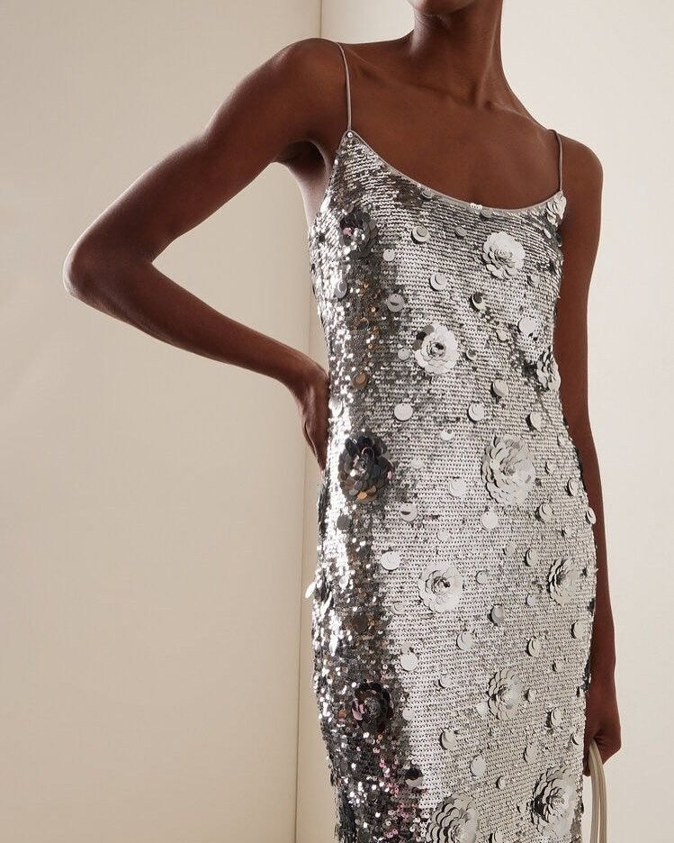 Silver Sequin Spaghetti Straps Evening Long Dress