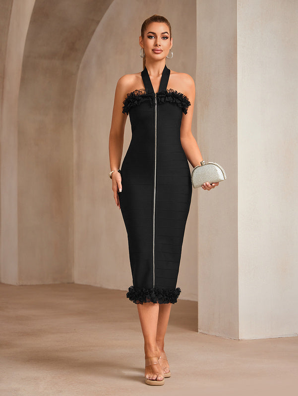 Black Halter Front Zipper Stripe Midi Calf Bandage Dress