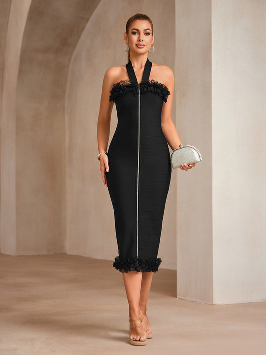 Black Halter Front Zipper Stripe Midi Calf Bandage Dress