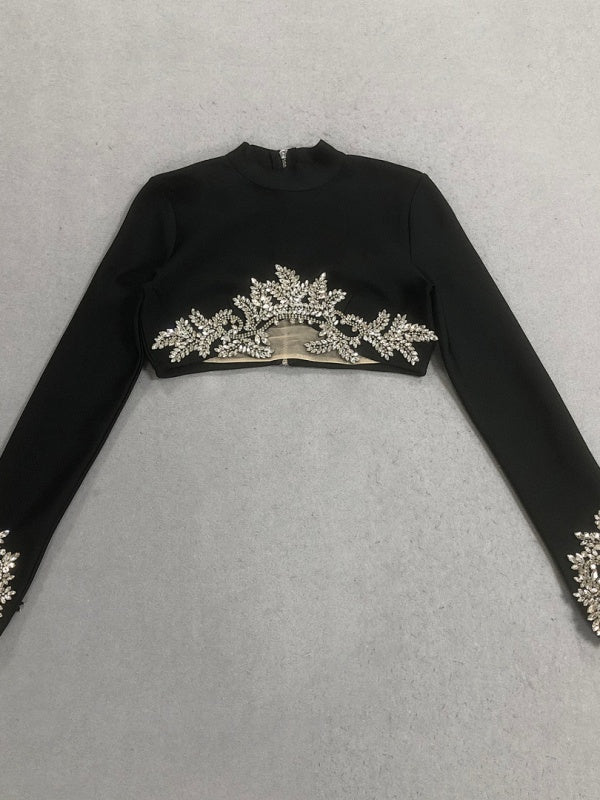 Long Sleeve Lace Patchwork Sequin Short Top with High Waist Pencil Skirt Two-Piece