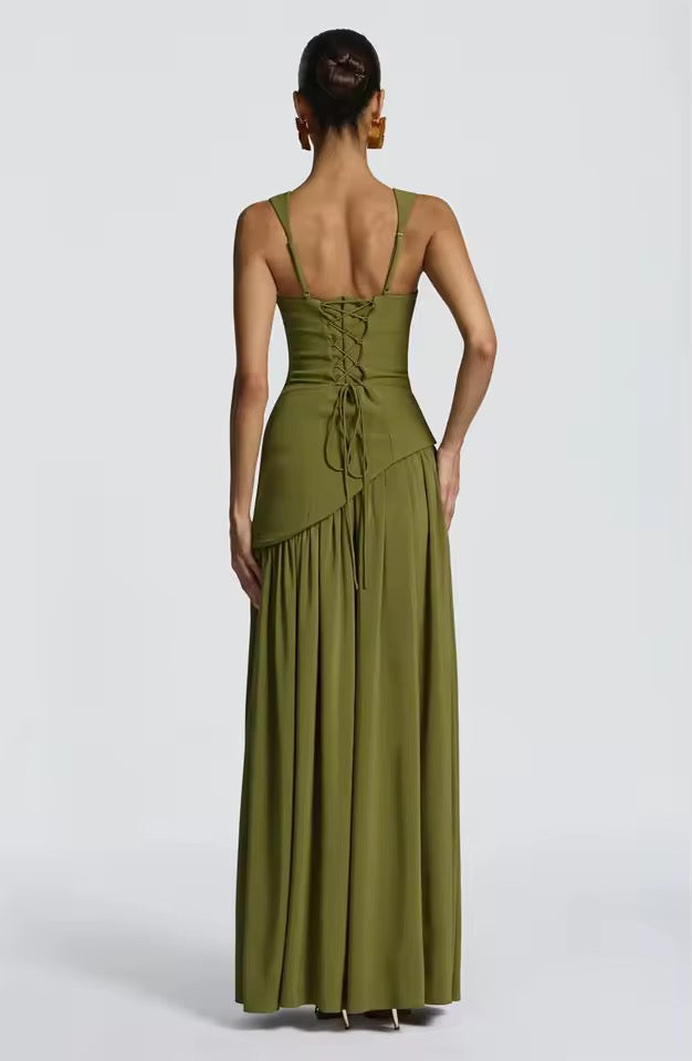 Green Strapless Corset Chiffon Maxi Dress
