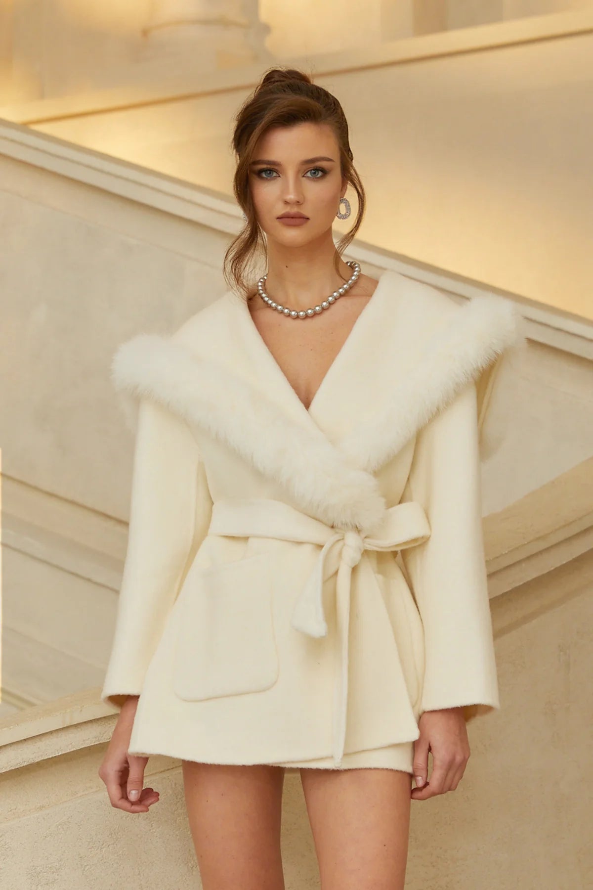 Off White Fur Trim Wool Coat
