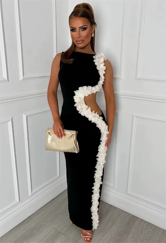 O Neck Flower Cut Out Maxi Long Bodycon Bandage Dress