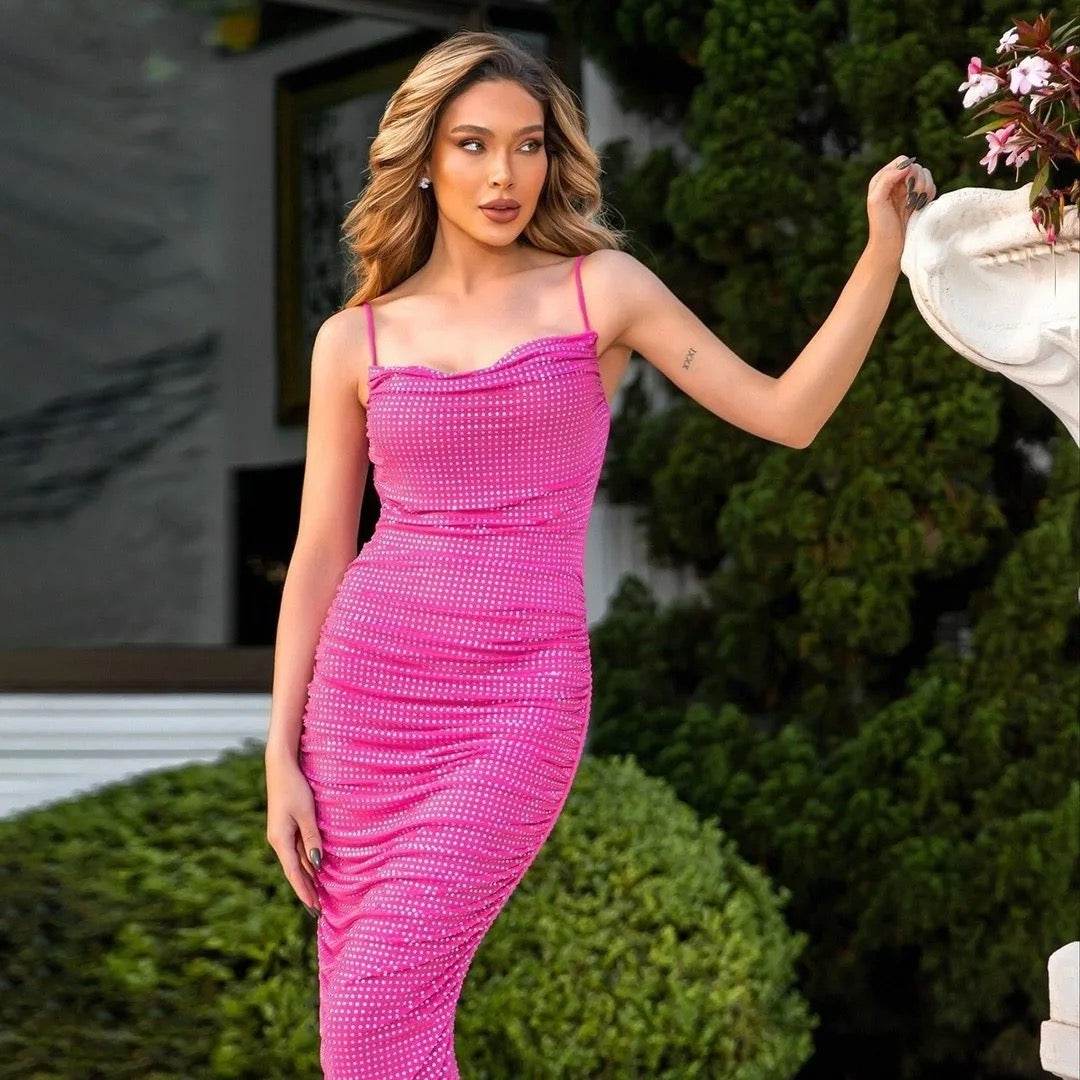 Sleeveless Pleated Diamond Mesh Midi Dress - REBECATHELABEL