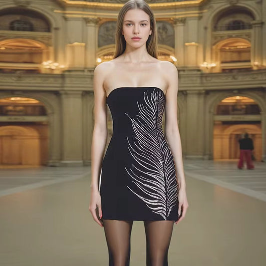 STRAPLESS MINI DRESS WITH CRYSTAL FEATHER EMBELLISHMENTS