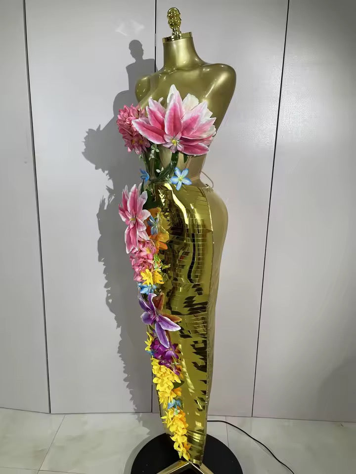 3D Flower Golden Mesh Top Bodycon Long Dress Two-Piece Set