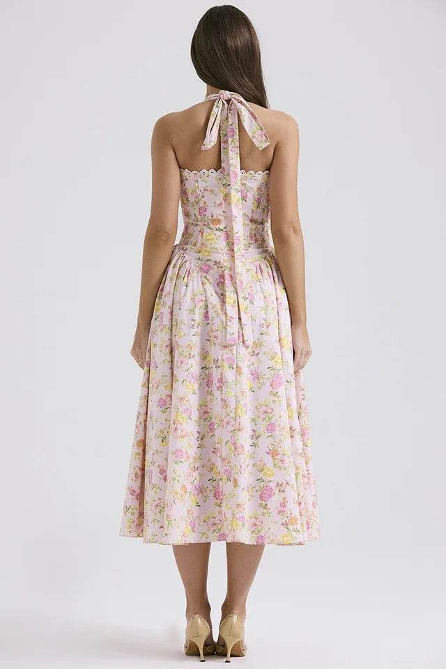 ruffle Pleated Suspender Backless Slim Waist Long Length Dress - REBECATHELABEL