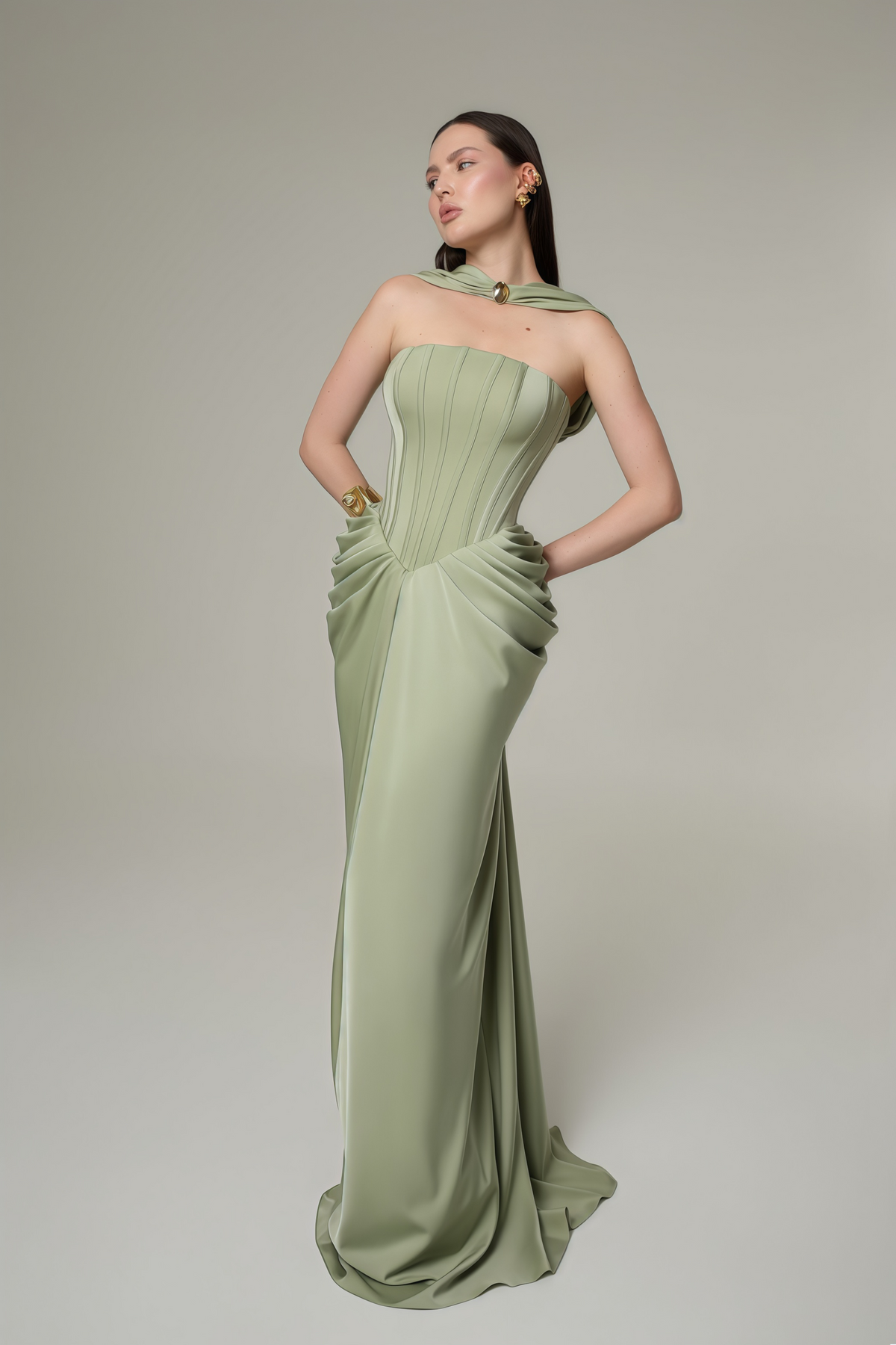 Green Halterneck Corset Maxi Gown