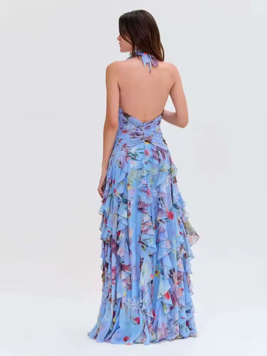 Halter Neck Blue Floral Print Ruched Long Dress