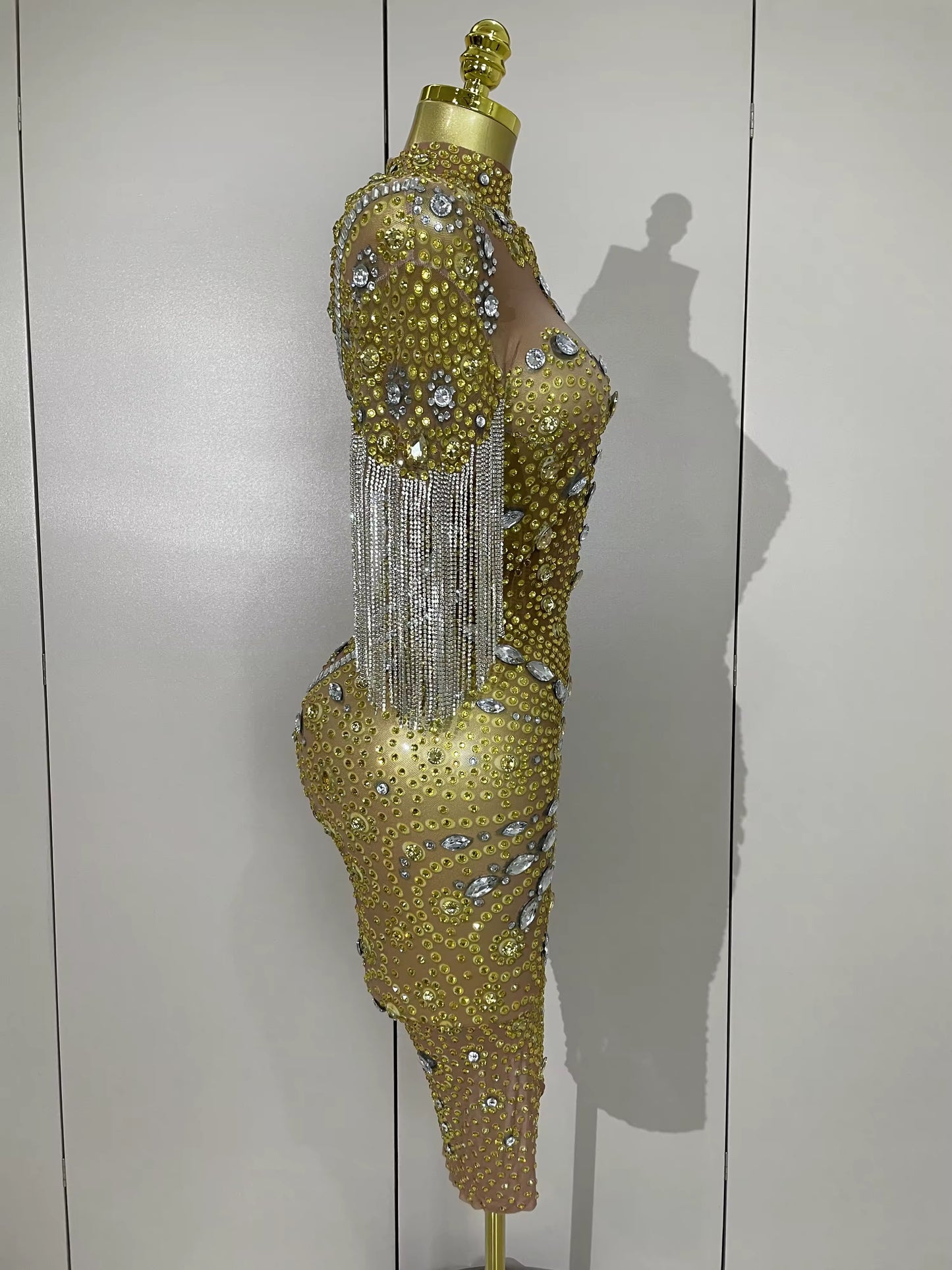 Shining Diamonds Tassel Sexy Mesh See Through Dress