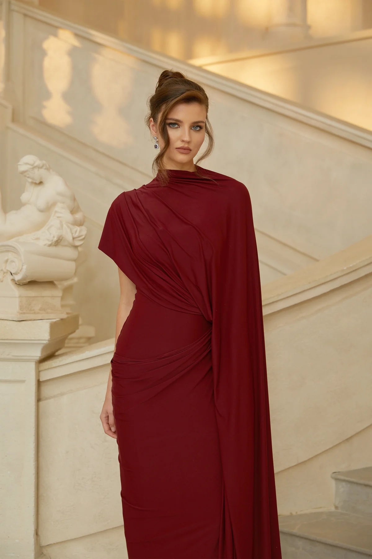Red Asymmetrical Draped Cape & Dress Matching Set