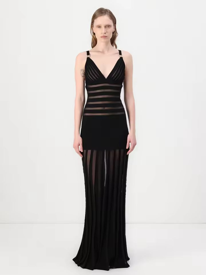 Deep V Backless Hollowed Out Slim Fit See Through Evening Maxi Dress