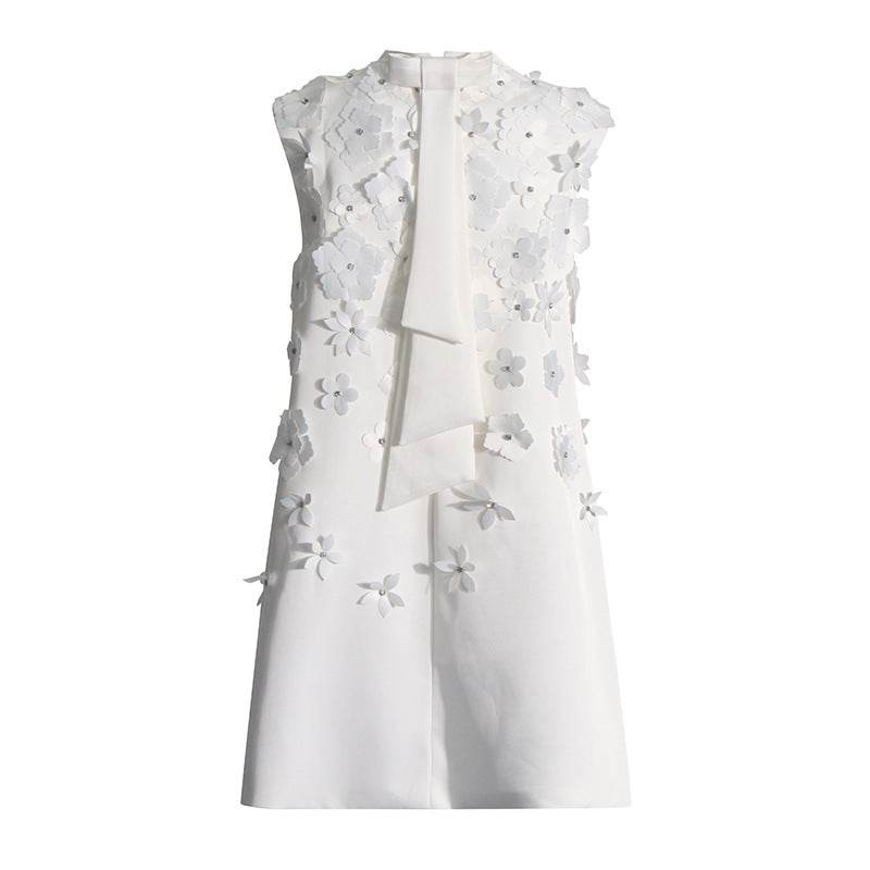 Loose Short Skirt Beaded Three Dimensional Floral Sleeveless Dress - REBECATHELABEL