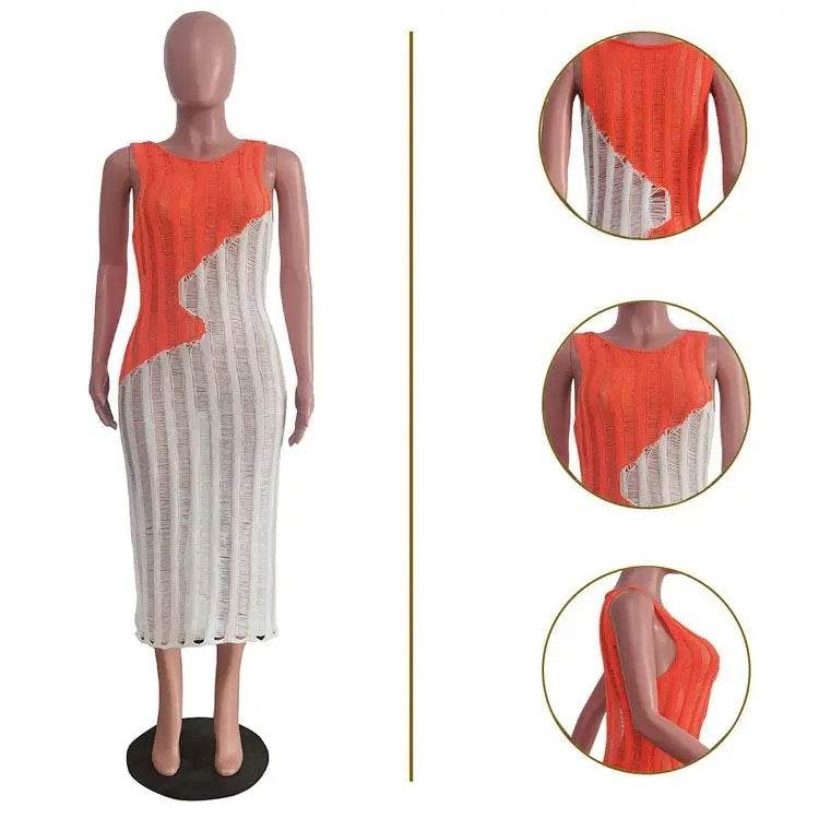 Contrast Distressed Ladder Knit Dress - REBECATHELABEL