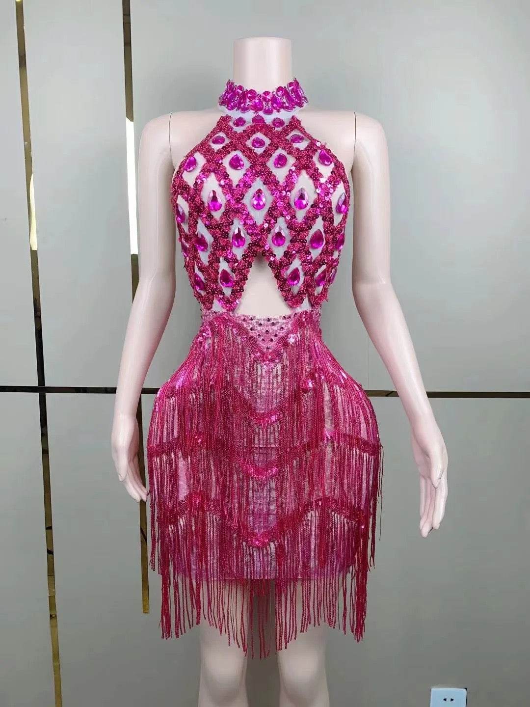 Halterneck Rhinestone Fringe Dress - REBECATHELABEL