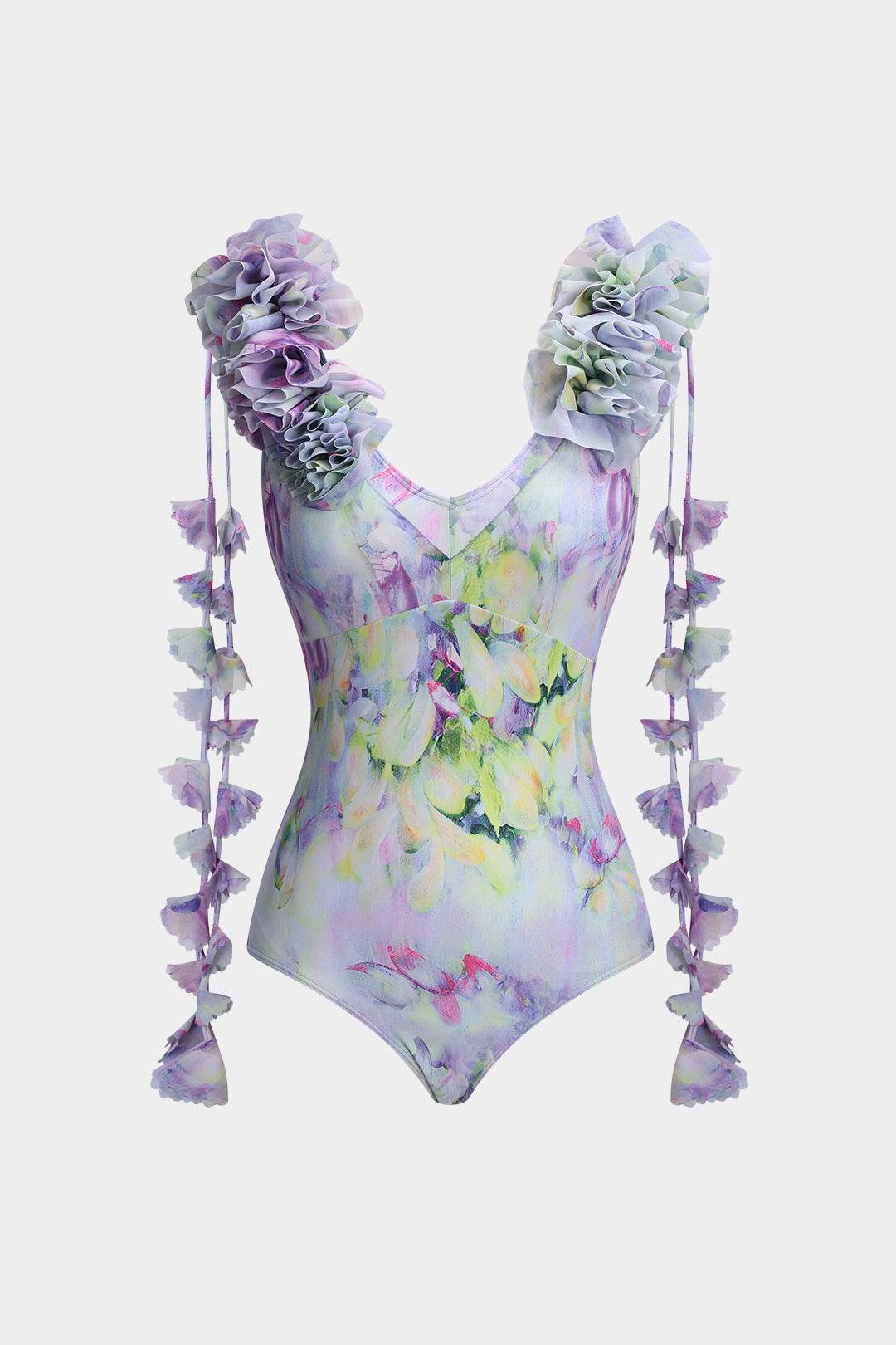 Floral Print Fringe Ruffle Tummy Control Swimwear And Ruched Cover Up Set - REBECATHELABEL