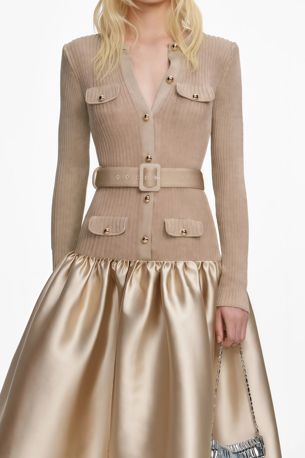 Gold Satin Panel Knit Midi Dress