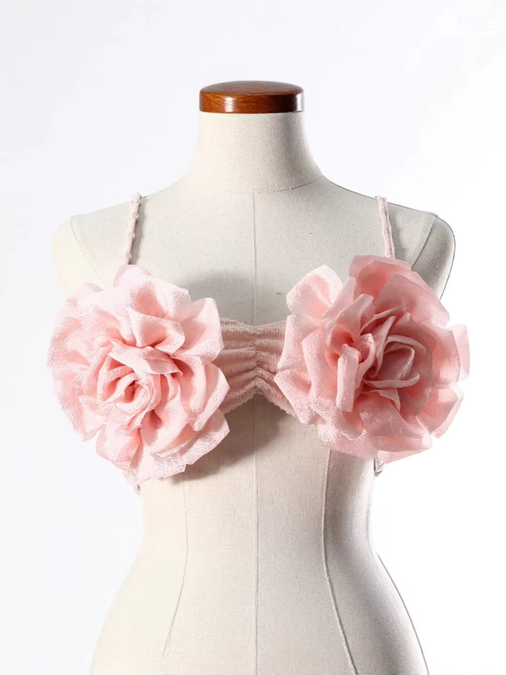 Pink Two Pieces Set Elastic Large Flower Crop Top+High Waist Flare Pants Set