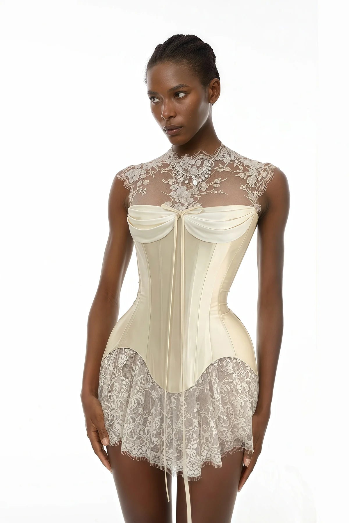 White Lace Convertible Gown with Detachable Skirt