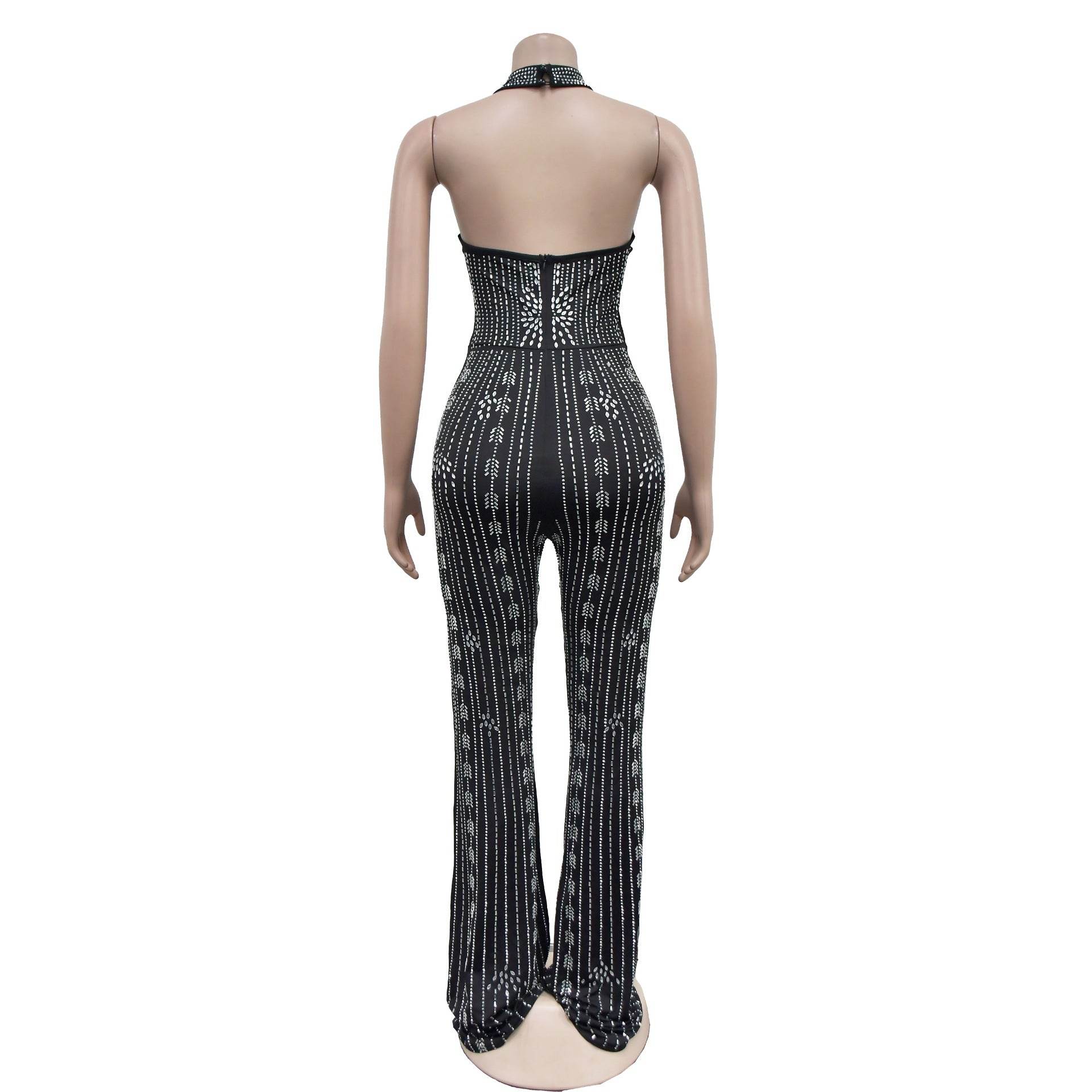 Rhinestone Sleeveless Halter Trousers Jumpsuit - REBECATHELABEL