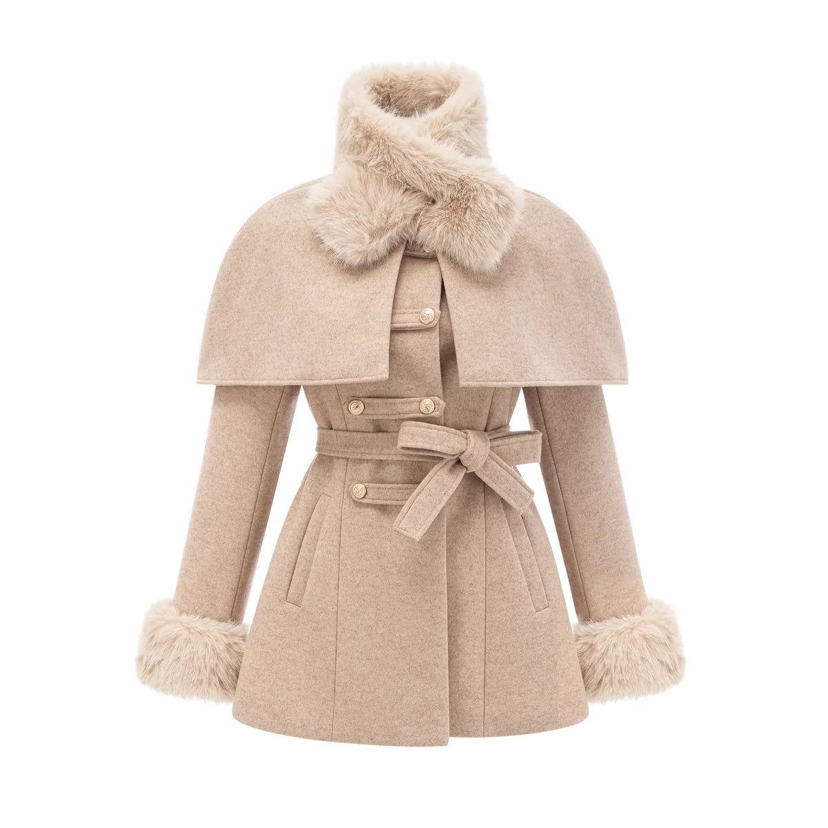 detachable-cape faux-fur coat