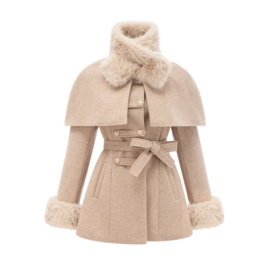 detachable-cape faux-fur coat