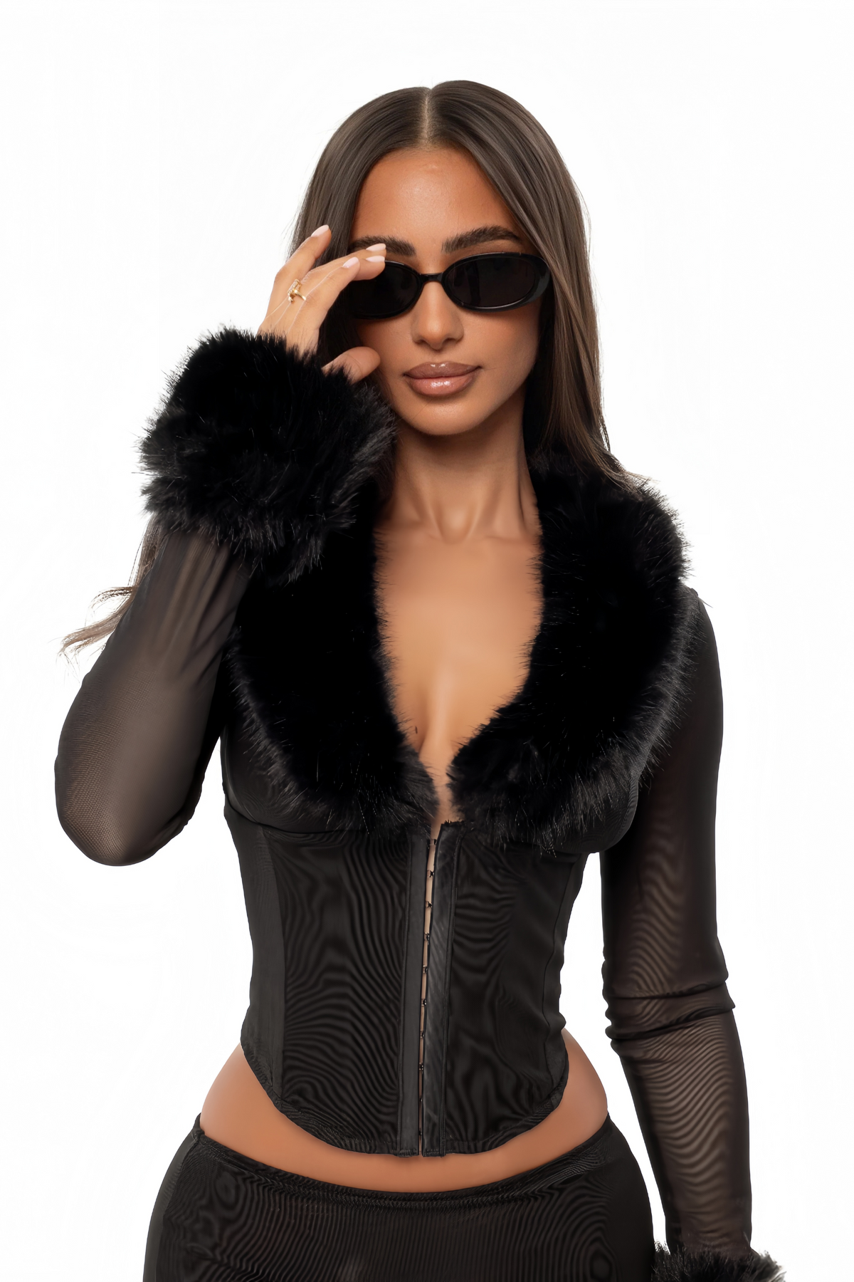 Black Faux-Fur Trim Top & Skirt Set