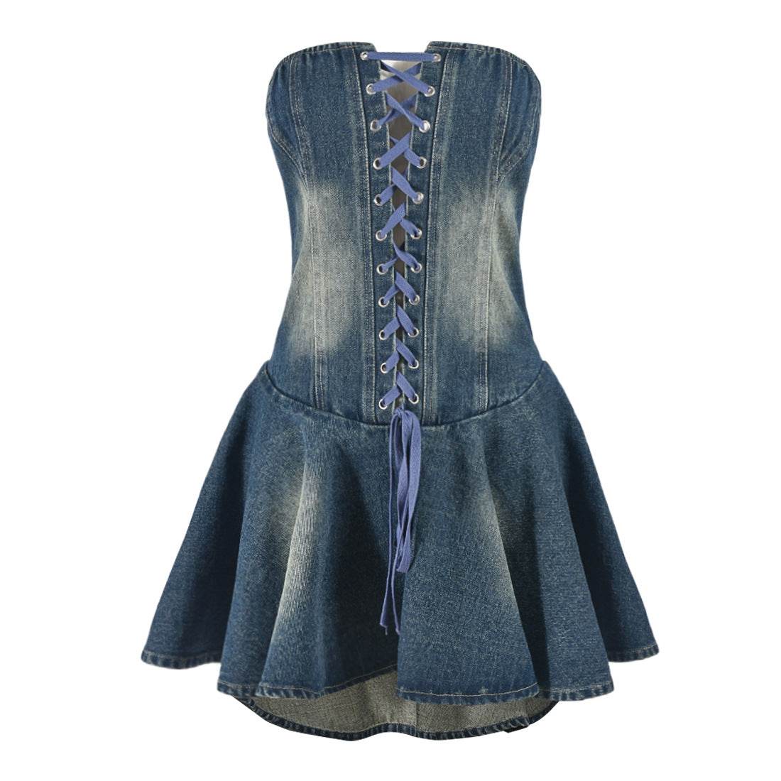 Zipper Lace up Bandeau Sexy Sexy Denim Flounced Dress - REBECATHELABEL