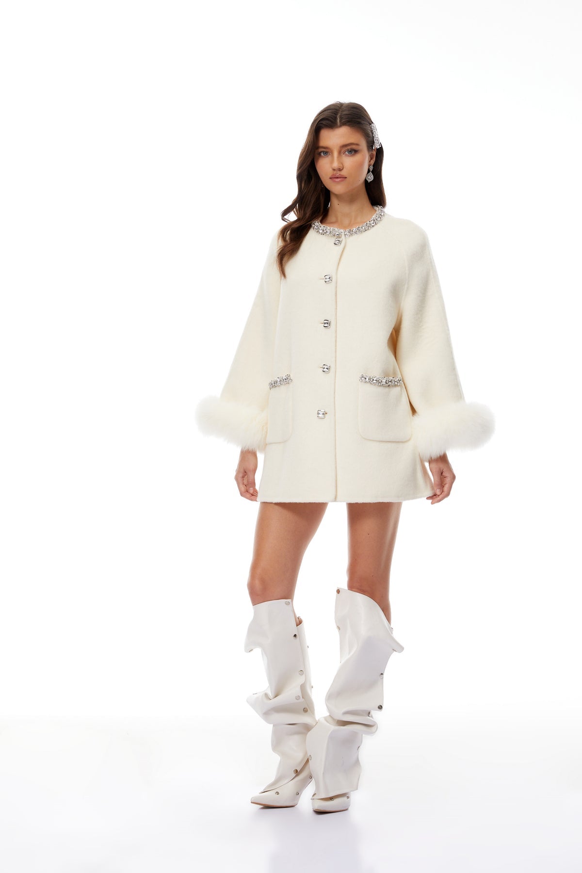White Fur Trim Embellished Wool Coat